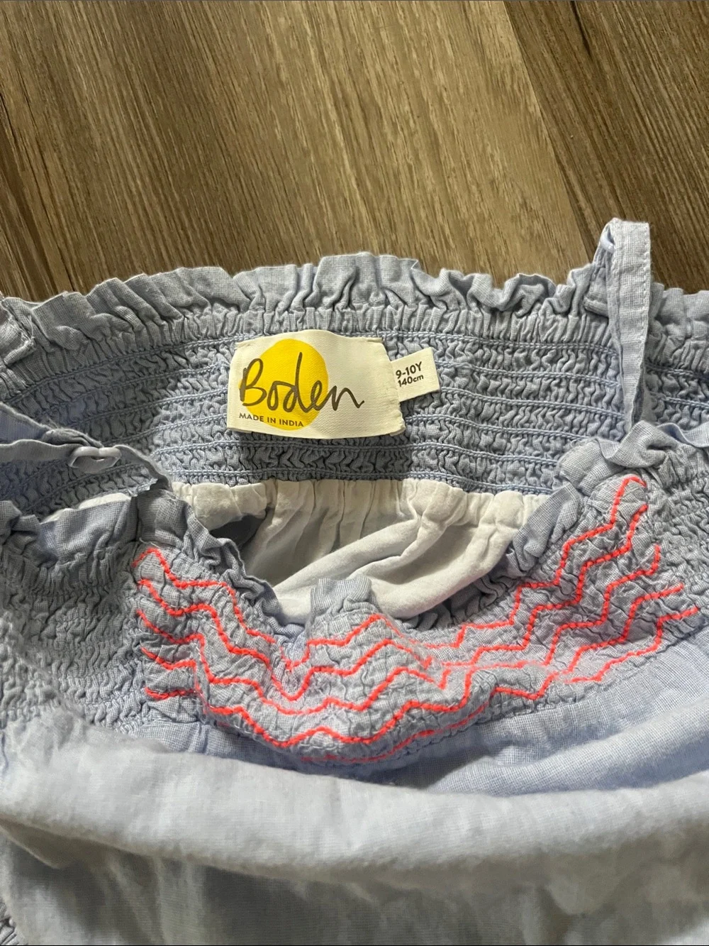 Mini Boden Light Blue Girls Romper with Pink Accents, like new